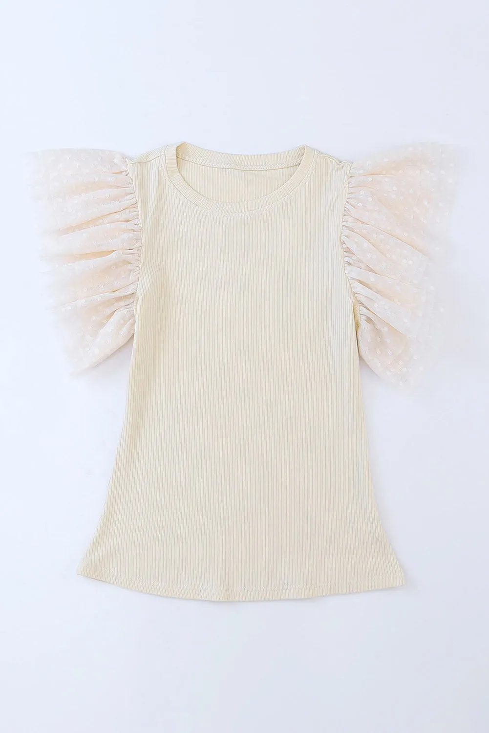 Dotty Mesh Ruffle Sleeve Ribbed Knit Top