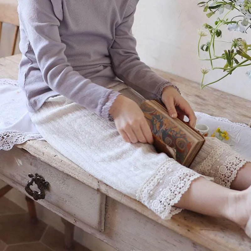 Elegant Lace Trim Cotton Knit Pants for Girls