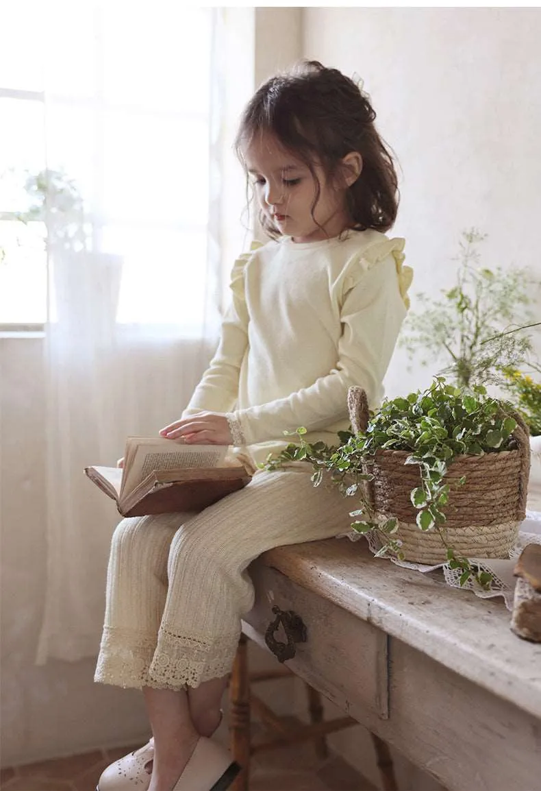 Elegant Lace Trim Cotton Knit Pants for Girls