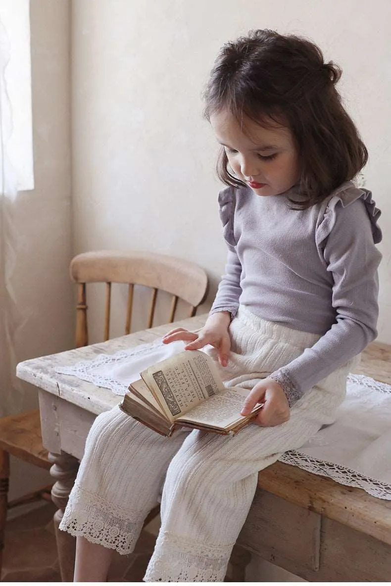 Elegant Lace Trim Cotton Knit Pants for Girls