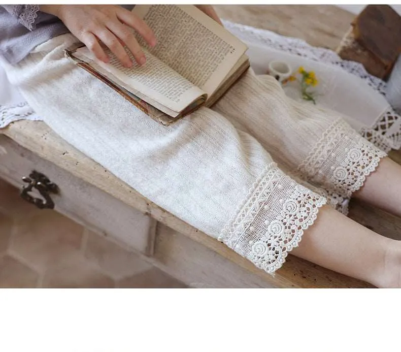 Elegant Lace Trim Cotton Knit Pants for Girls