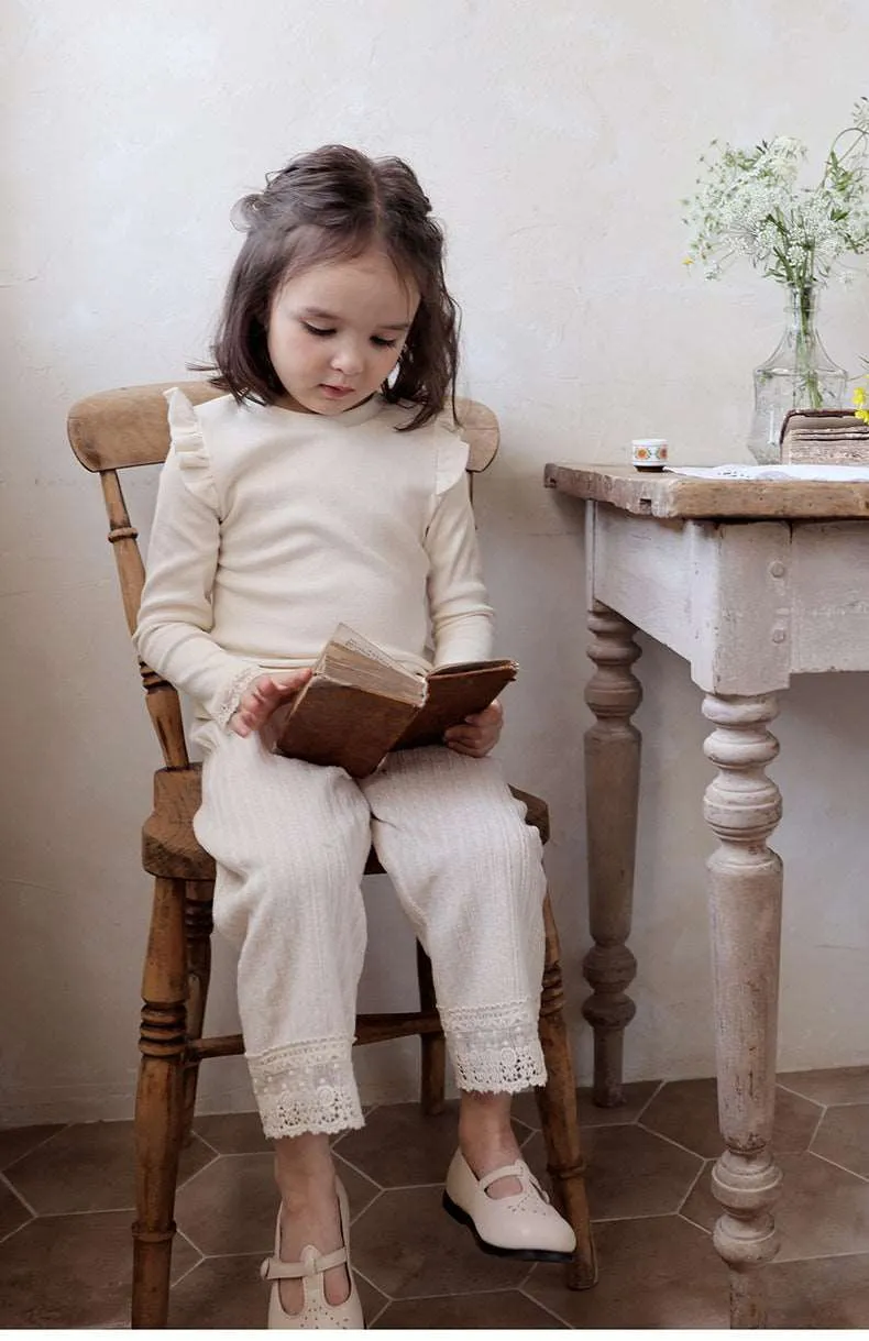 Elegant Lace Trim Cotton Knit Pants for Girls
