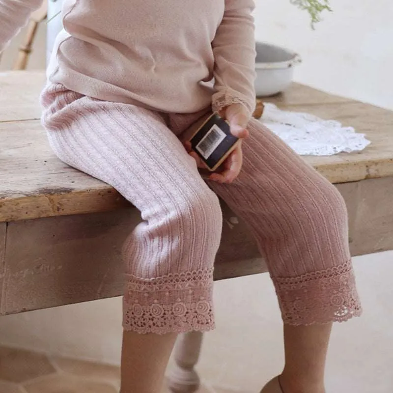 Elegant Lace Trim Cotton Knit Pants for Girls