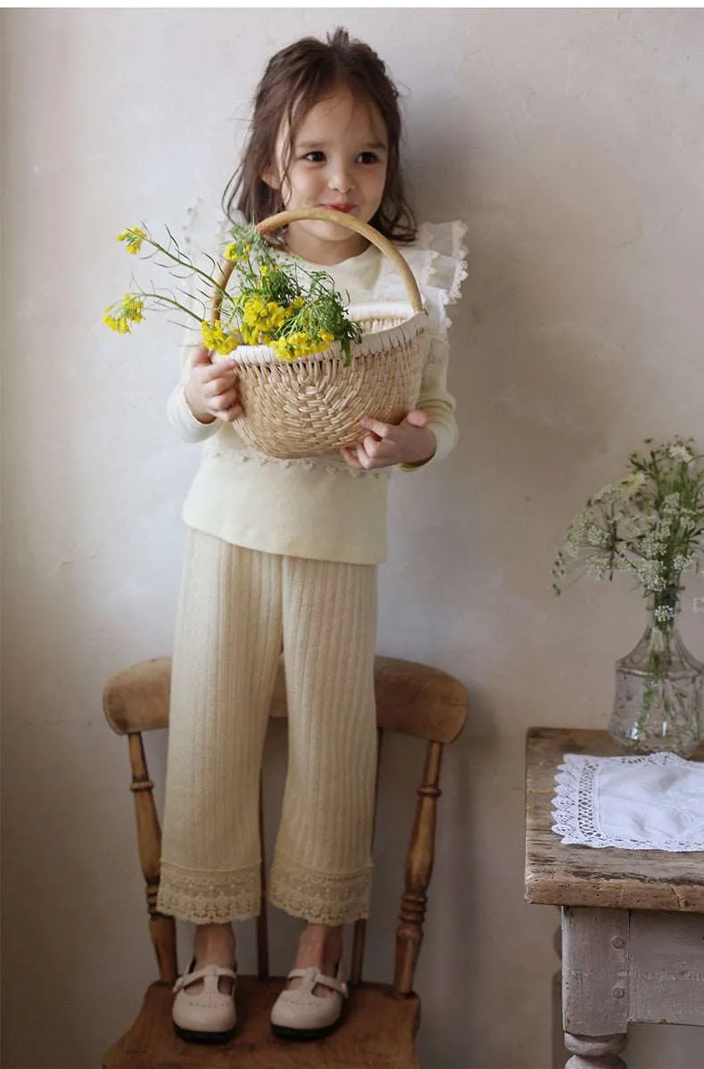 Elegant Lace Trim Cotton Knit Pants for Girls