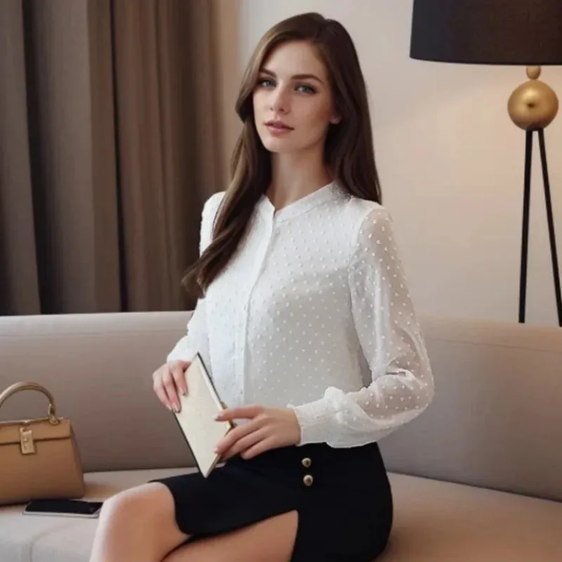 Elegant Long Fashionable New Spring Sleeve Office Lady White Top