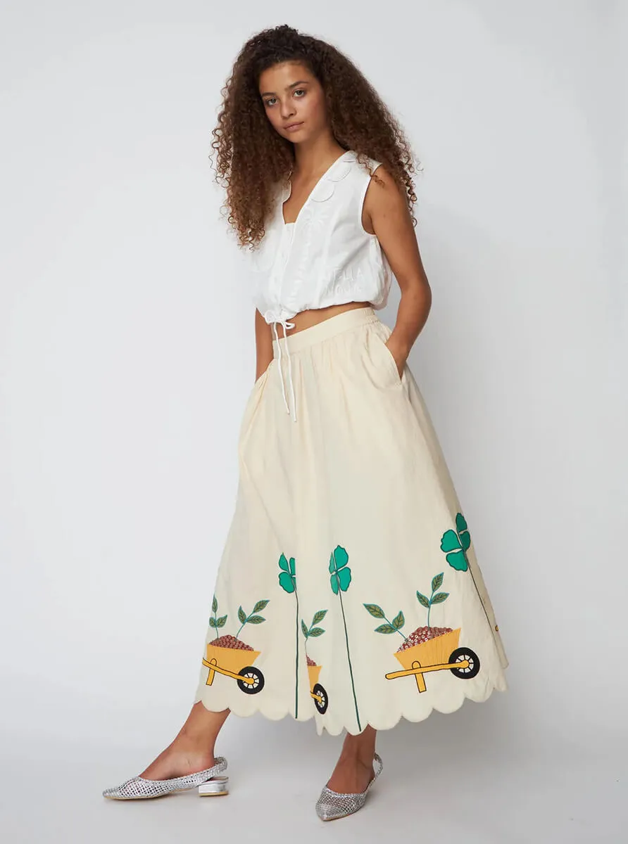 Embroidered Midi Skirt with Scallops - Ivory