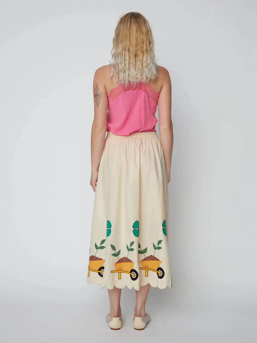 Embroidered Midi Skirt with Scallops - Ivory