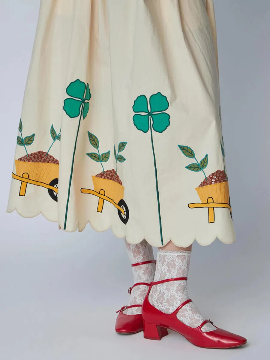 Embroidered Midi Skirt with Scallops - Ivory