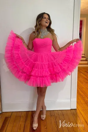 Fuchsia Ruffle Tiered Sweetheart Homecoming Dresses Strapless Graduation Dress SD1648