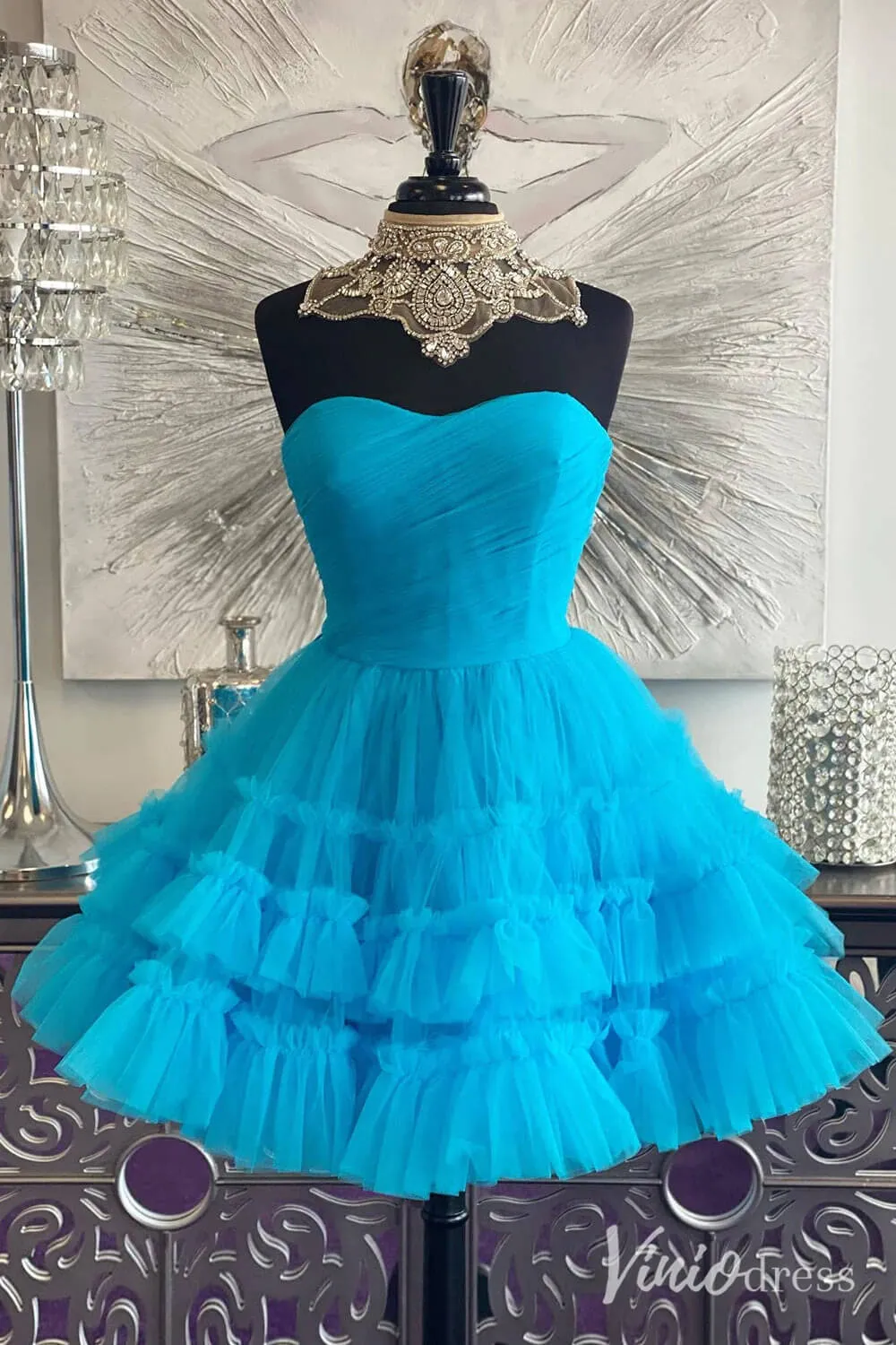 Fuchsia Ruffle Tiered Sweetheart Homecoming Dresses Strapless Graduation Dress SD1648