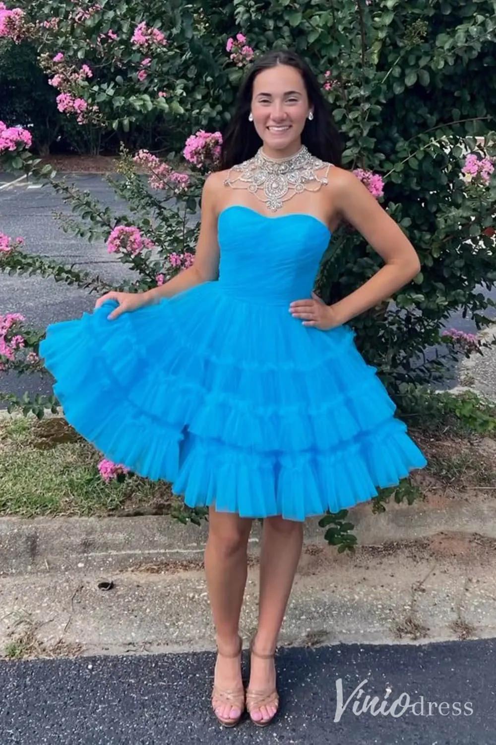 Fuchsia Ruffle Tiered Sweetheart Homecoming Dresses Strapless Graduation Dress SD1648