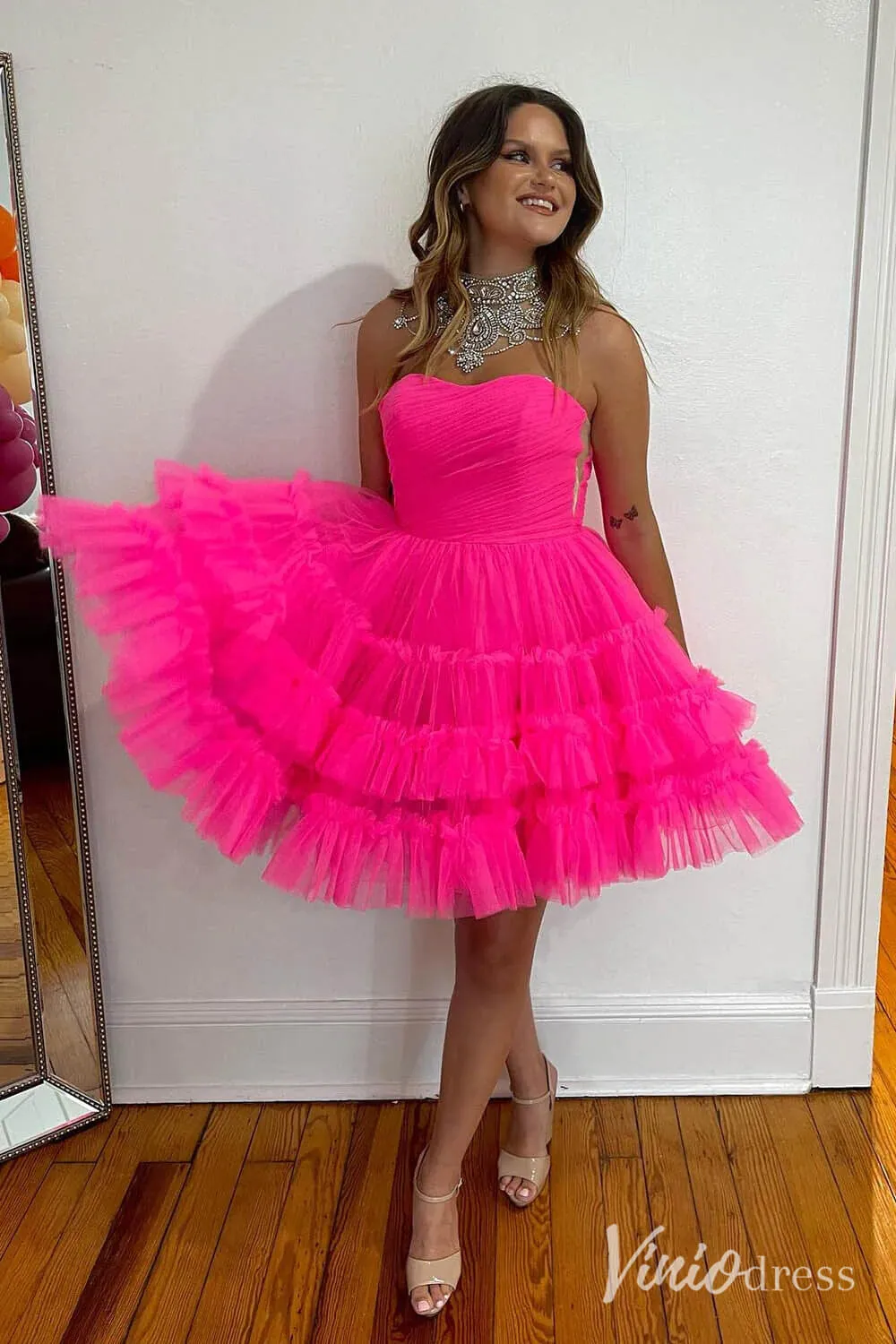 Fuchsia Ruffle Tiered Sweetheart Homecoming Dresses Strapless Graduation Dress SD1648
