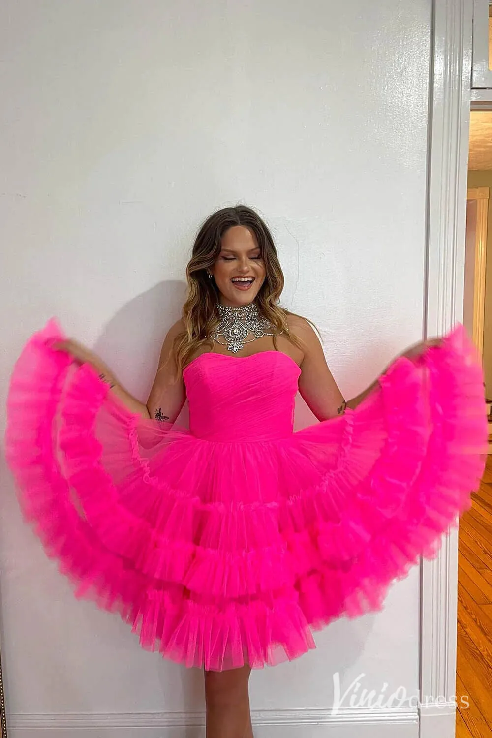 Fuchsia Ruffle Tiered Sweetheart Homecoming Dresses Strapless Graduation Dress SD1648