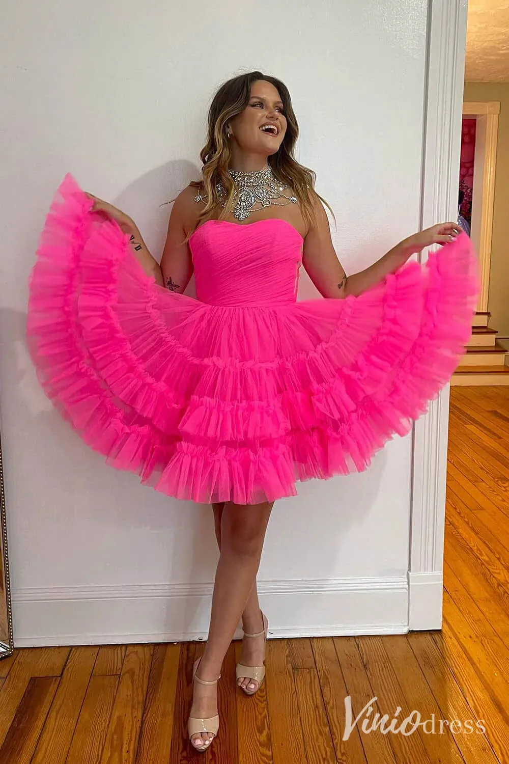 Fuchsia Ruffle Tiered Sweetheart Homecoming Dresses Strapless Graduation Dress SD1648