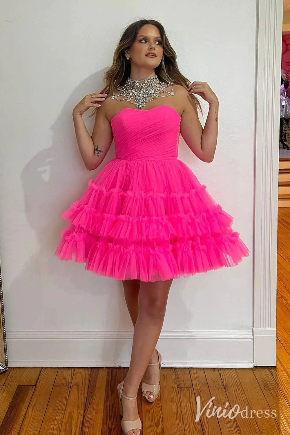 Fuchsia Ruffle Tiered Sweetheart Homecoming Dresses Strapless Graduation Dress SD1648