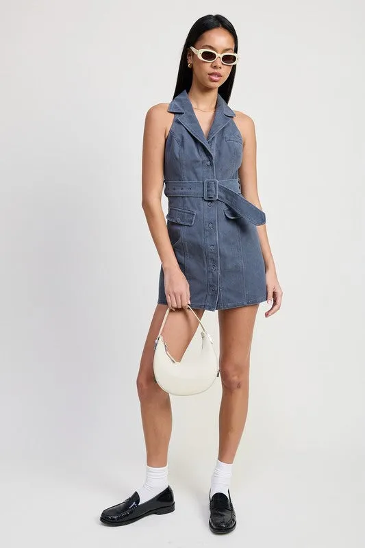 Halter Collared Sleeveless Mini Dress