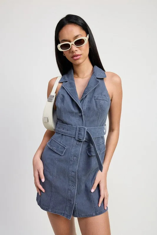Halter Collared Sleeveless Mini Dress