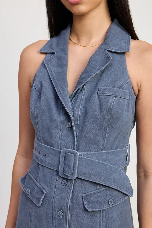 Halter Collared Sleeveless Mini Dress