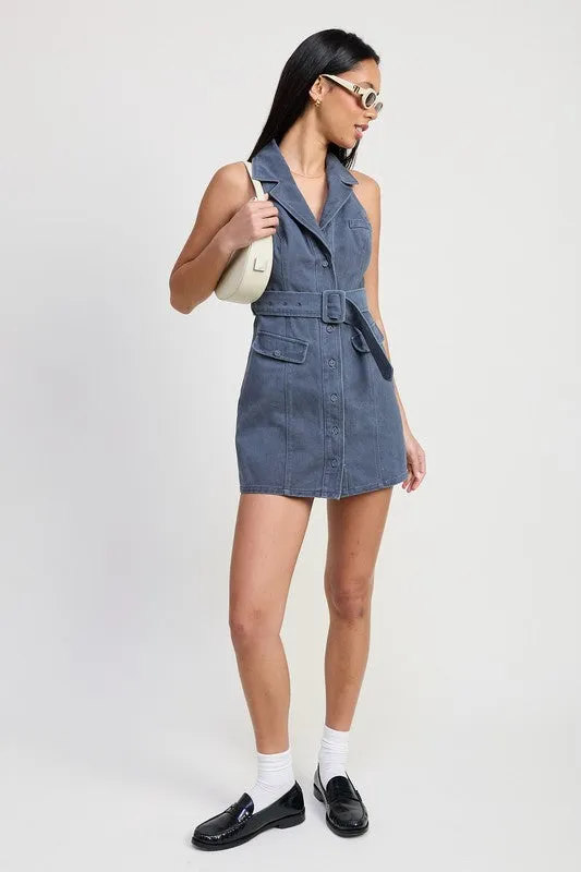 Halter Collared Sleeveless Mini Dress