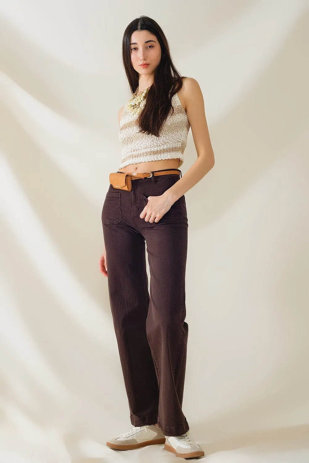 High Waisted Front Pockets Flare Jeans In Dark Brown