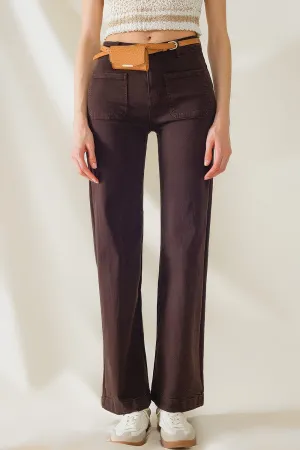 High Waisted Front Pockets Flare Jeans In Dark Brown