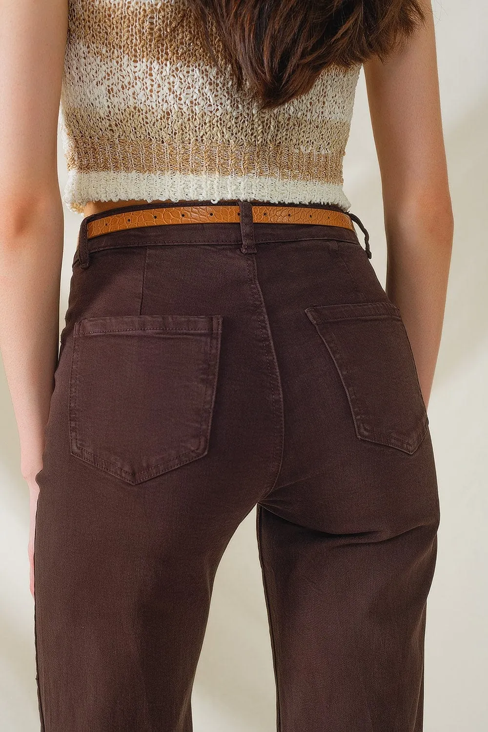 High Waisted Front Pockets Flare Jeans In Dark Brown