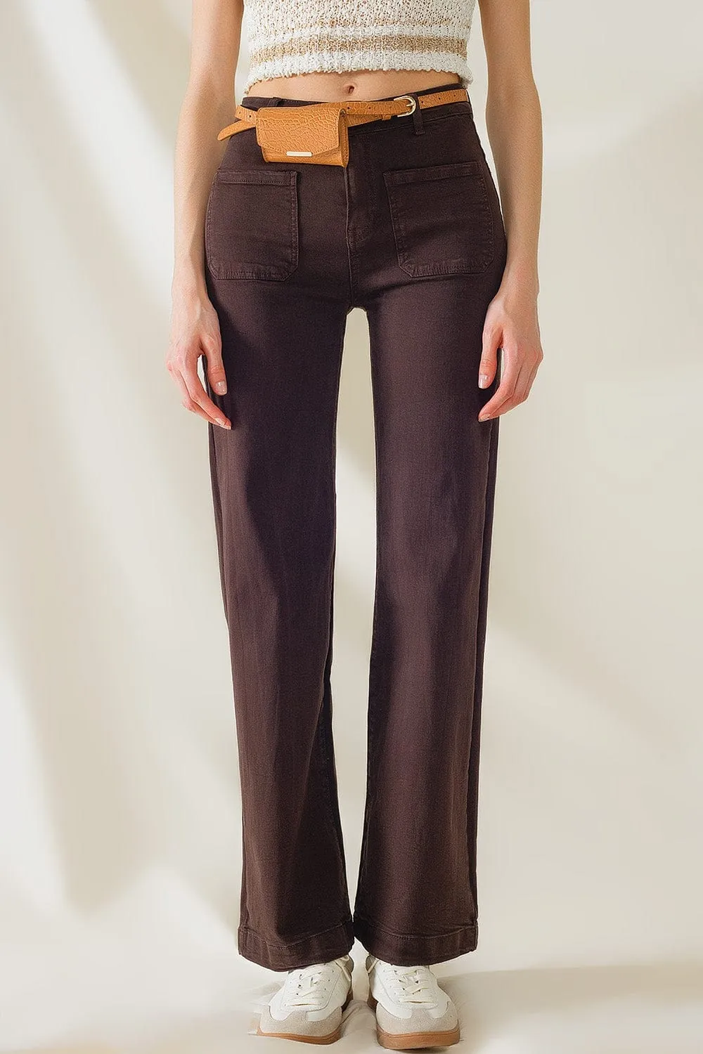 High Waisted Front Pockets Flare Jeans In Dark Brown