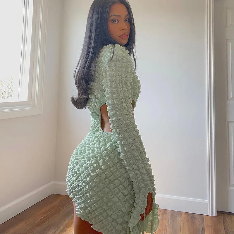 Hollowed-out Round Neck Long Sleeve Short Dress