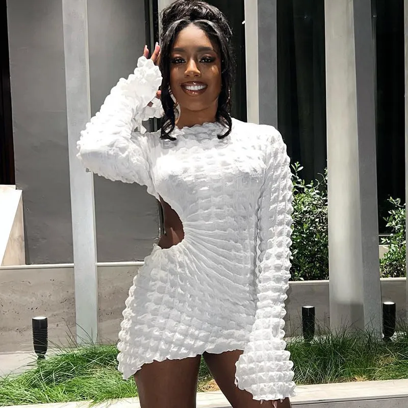 Hollowed-out Round Neck Long Sleeve Short Dress