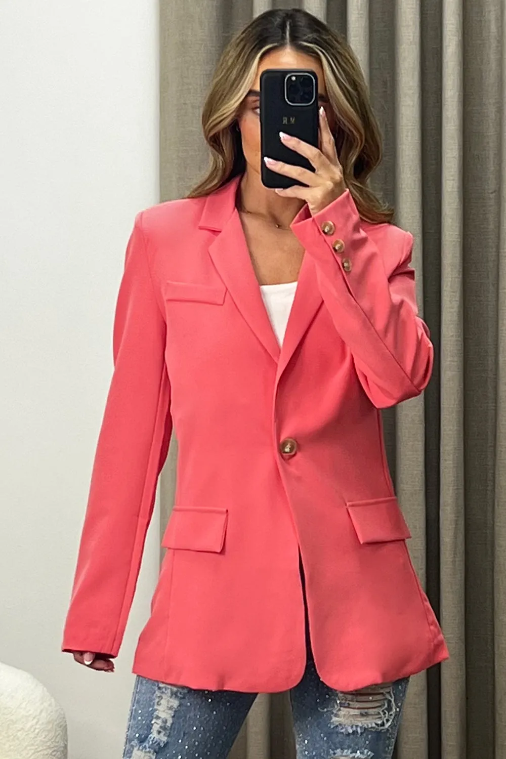 Jen Hot Pink Button Up Tailored Longline Blazer