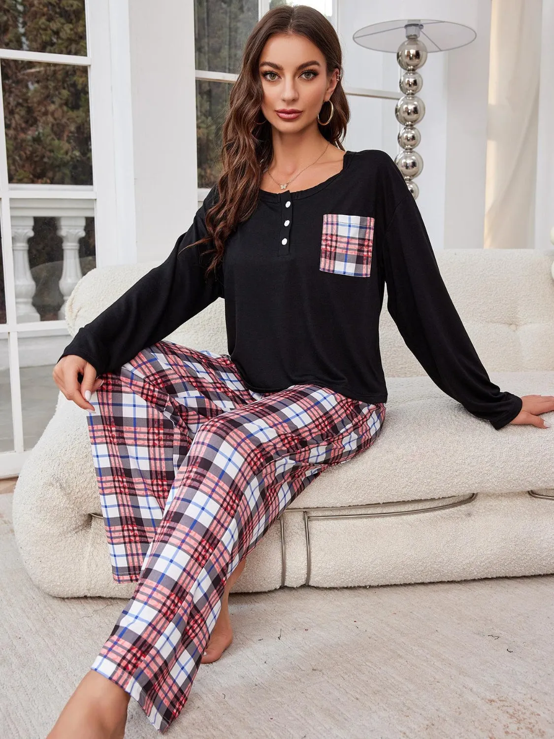 kesley Round Neck Long Sleeve Top and Plaid Pants Lounge Set