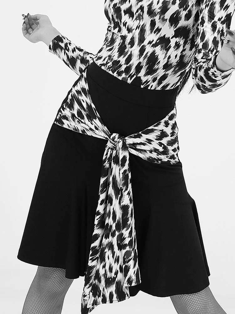 Latin Dance Skirt Leopard Print Contrast Color Practice Bottoms