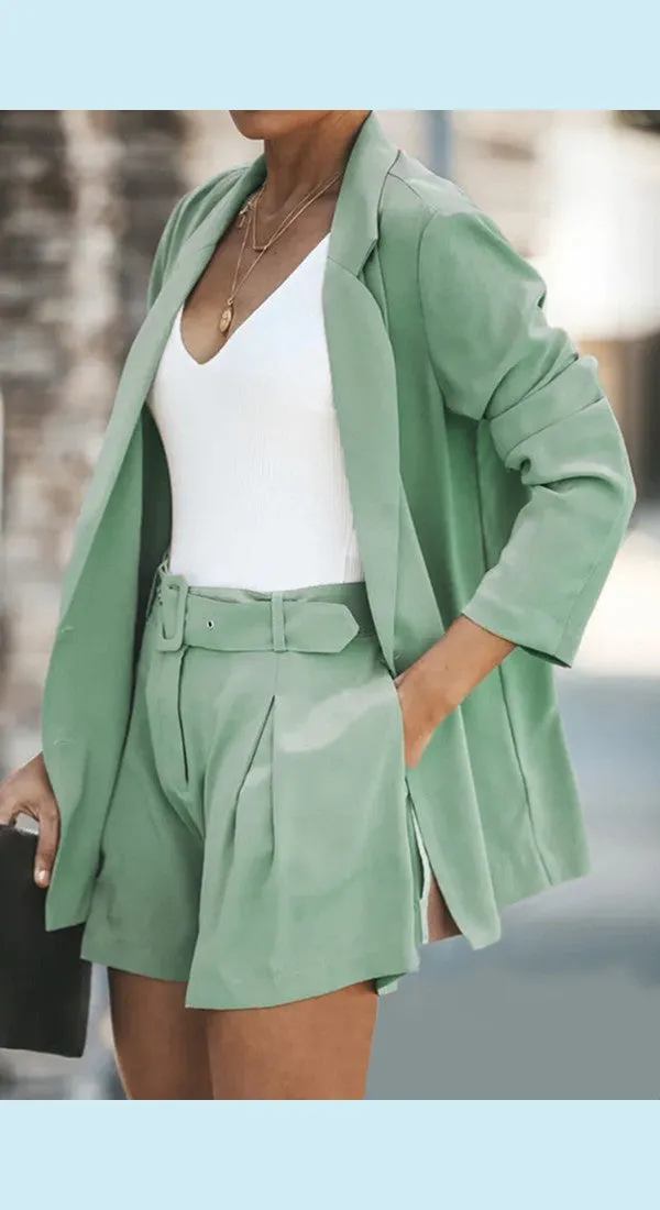 Longline Blazer and Shorts Set with Pockets