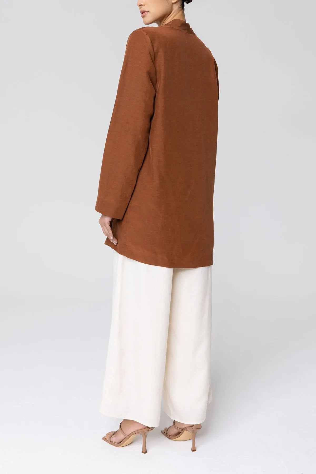Longline Cupro Linen Oversized Blazer - Baked Clay