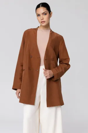 Longline Cupro Linen Oversized Blazer - Baked Clay