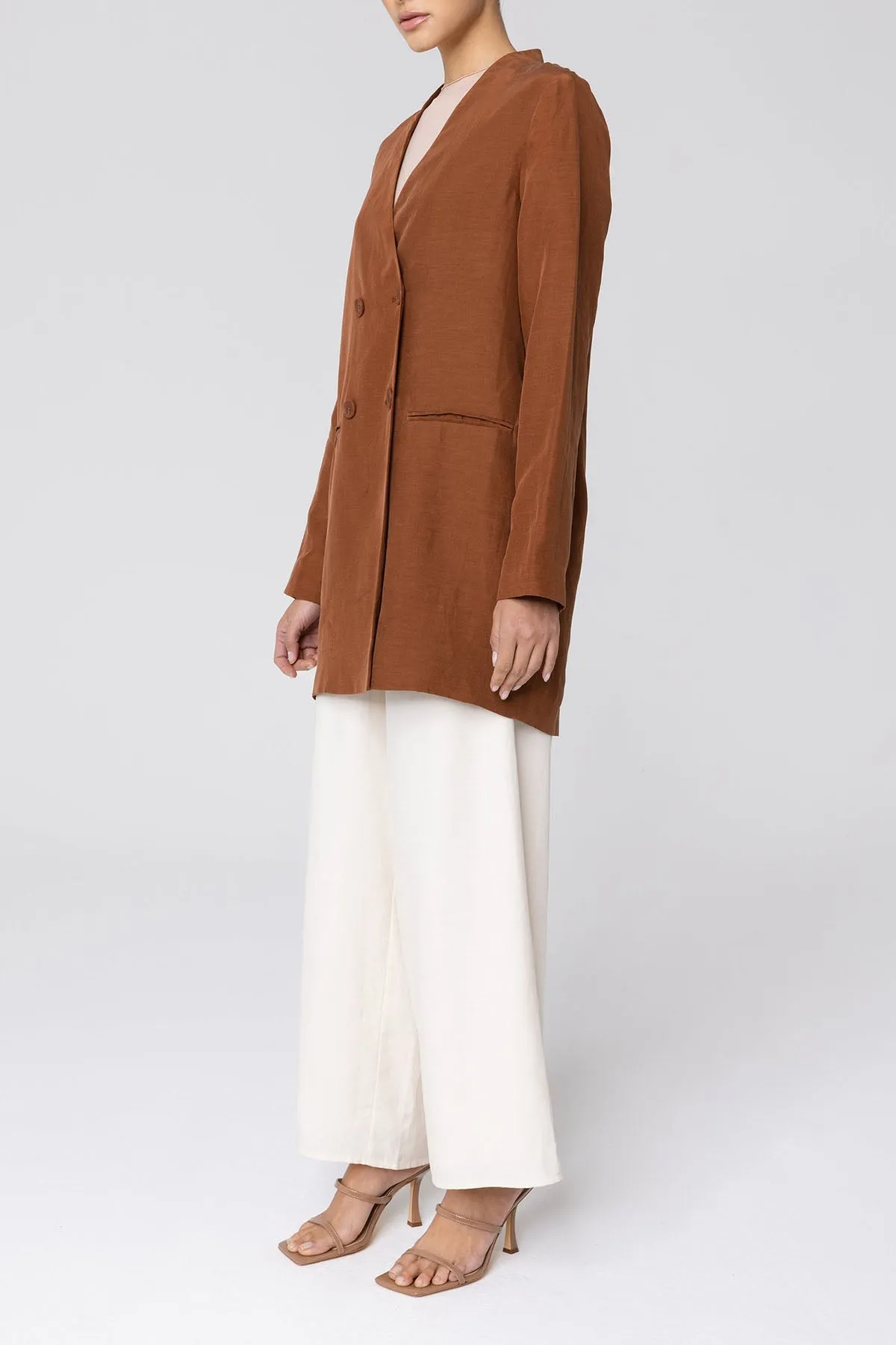 Longline Cupro Linen Oversized Blazer - Baked Clay
