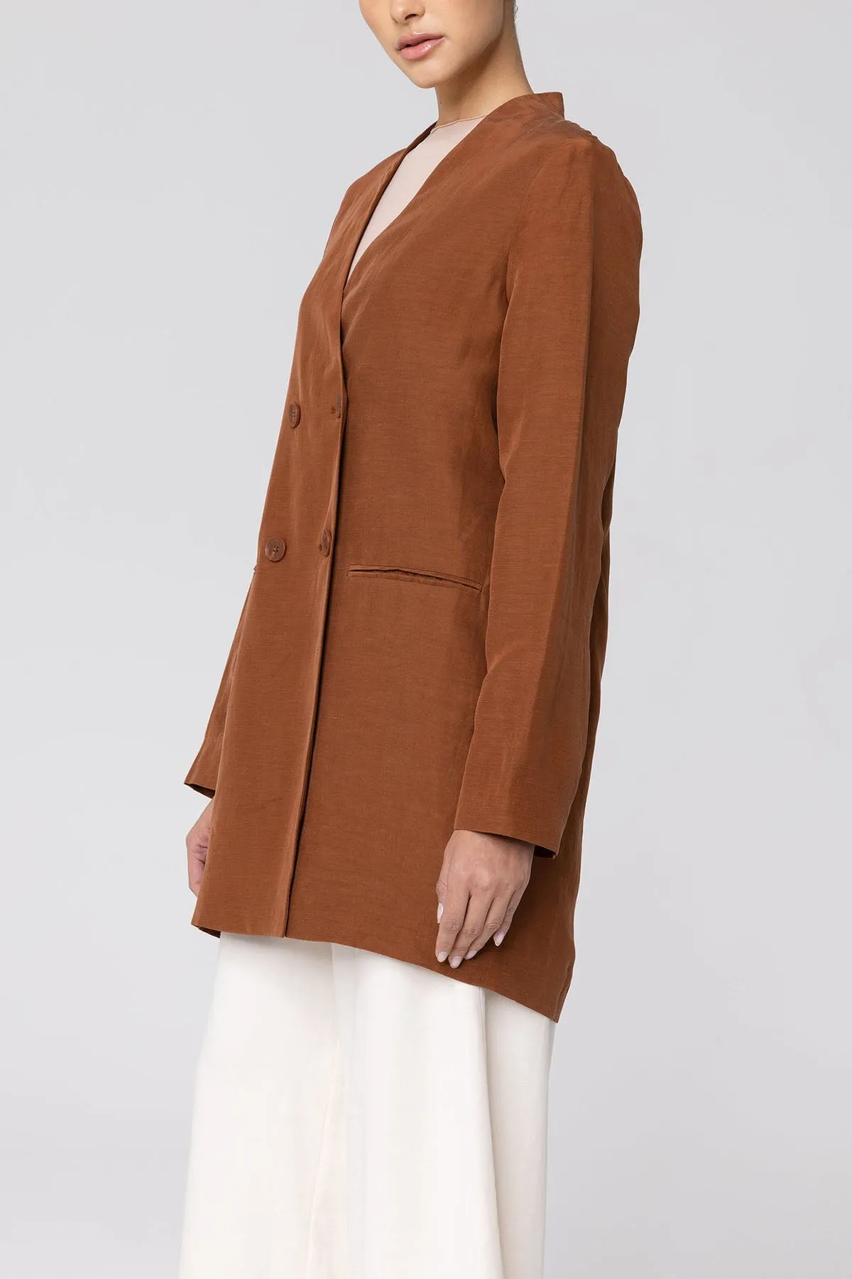 Longline Cupro Linen Oversized Blazer - Baked Clay
