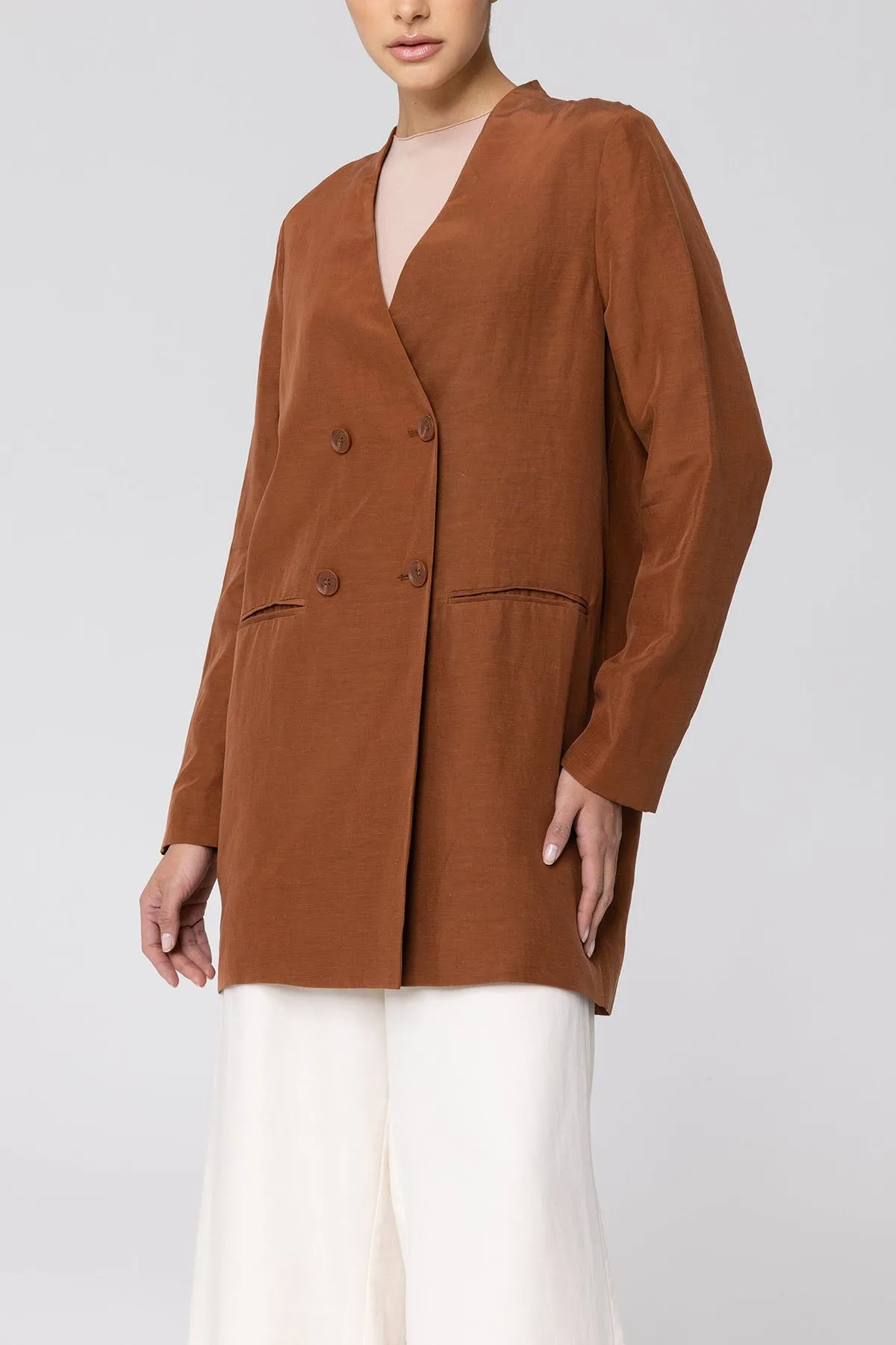Longline Cupro Linen Oversized Blazer - Baked Clay