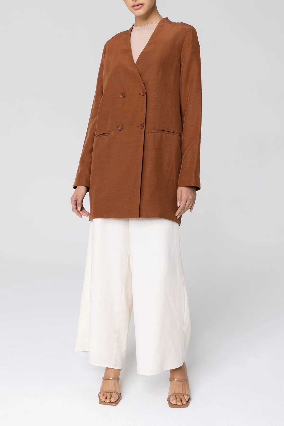 Longline Cupro Linen Oversized Blazer - Baked Clay
