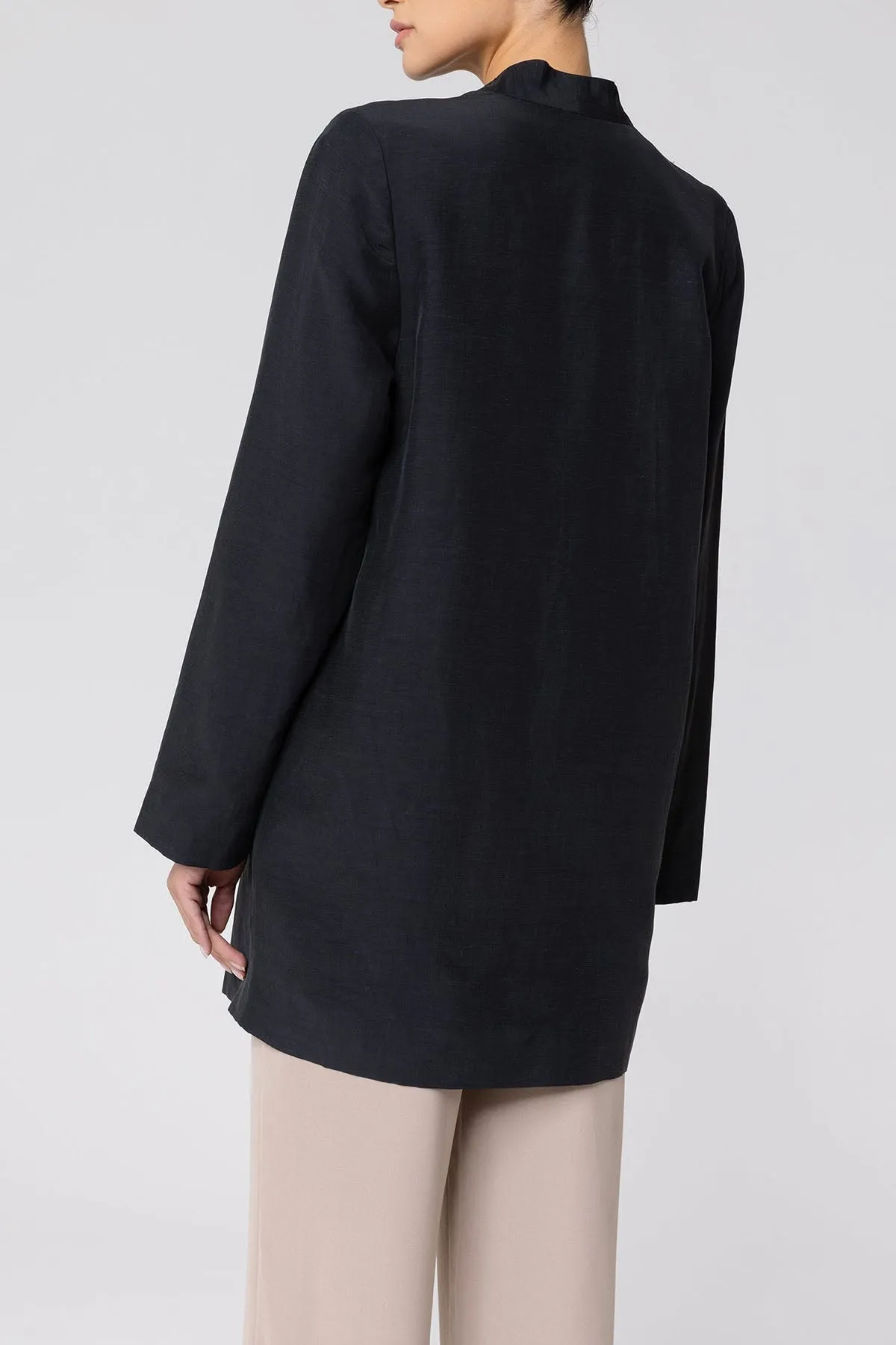 Longline Cupro Linen Oversized Blazer - Black