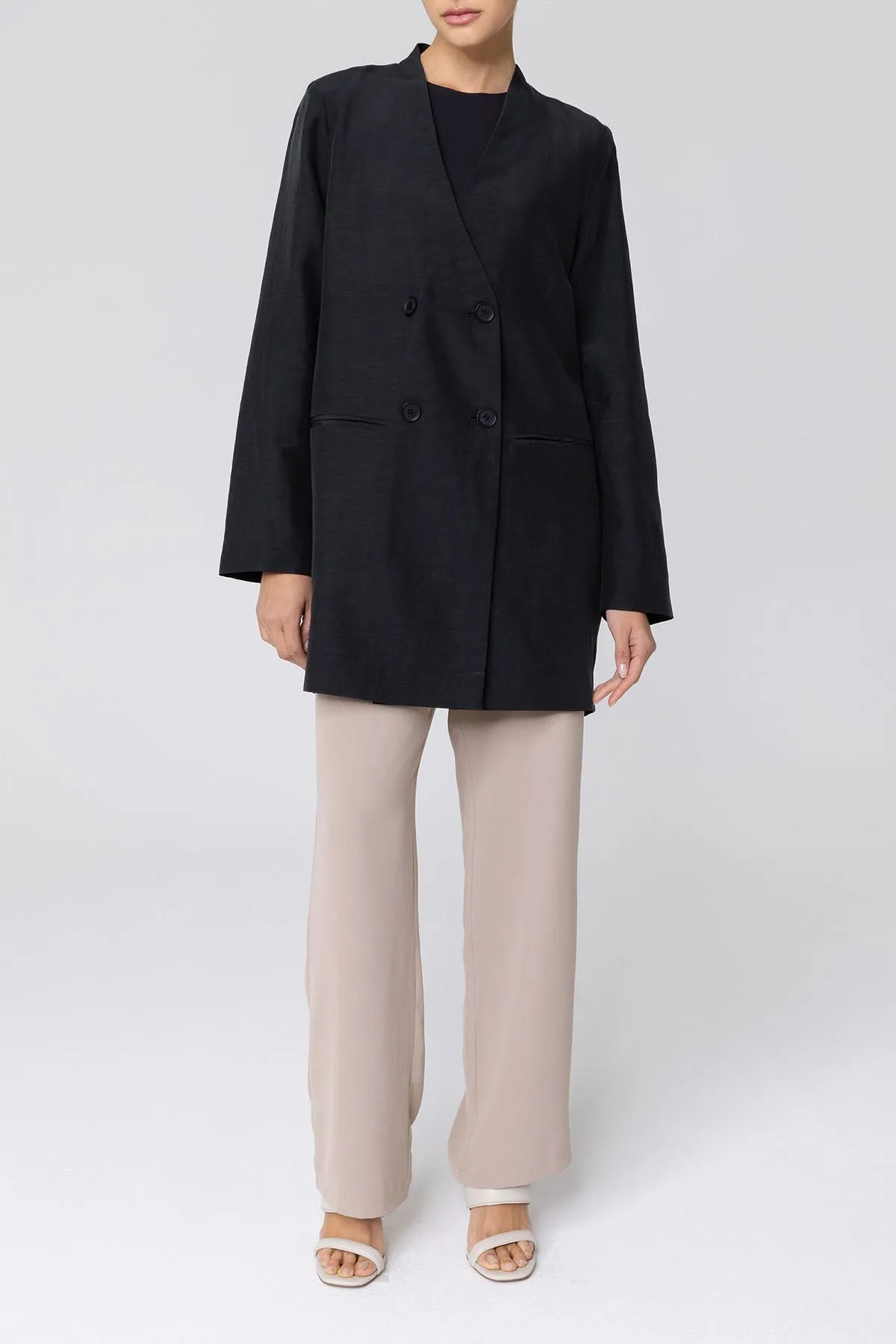 Longline Cupro Linen Oversized Blazer - Black