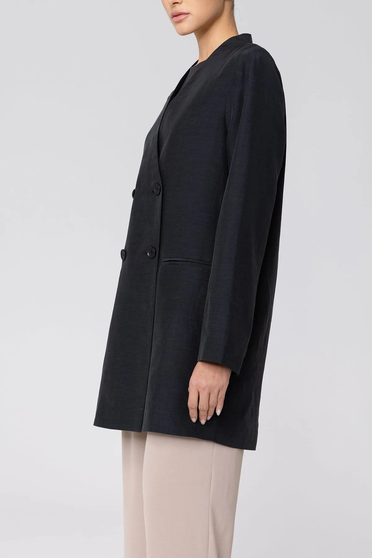 Longline Cupro Linen Oversized Blazer - Black