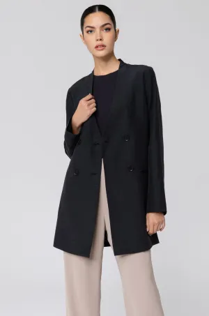 Longline Cupro Linen Oversized Blazer - Black
