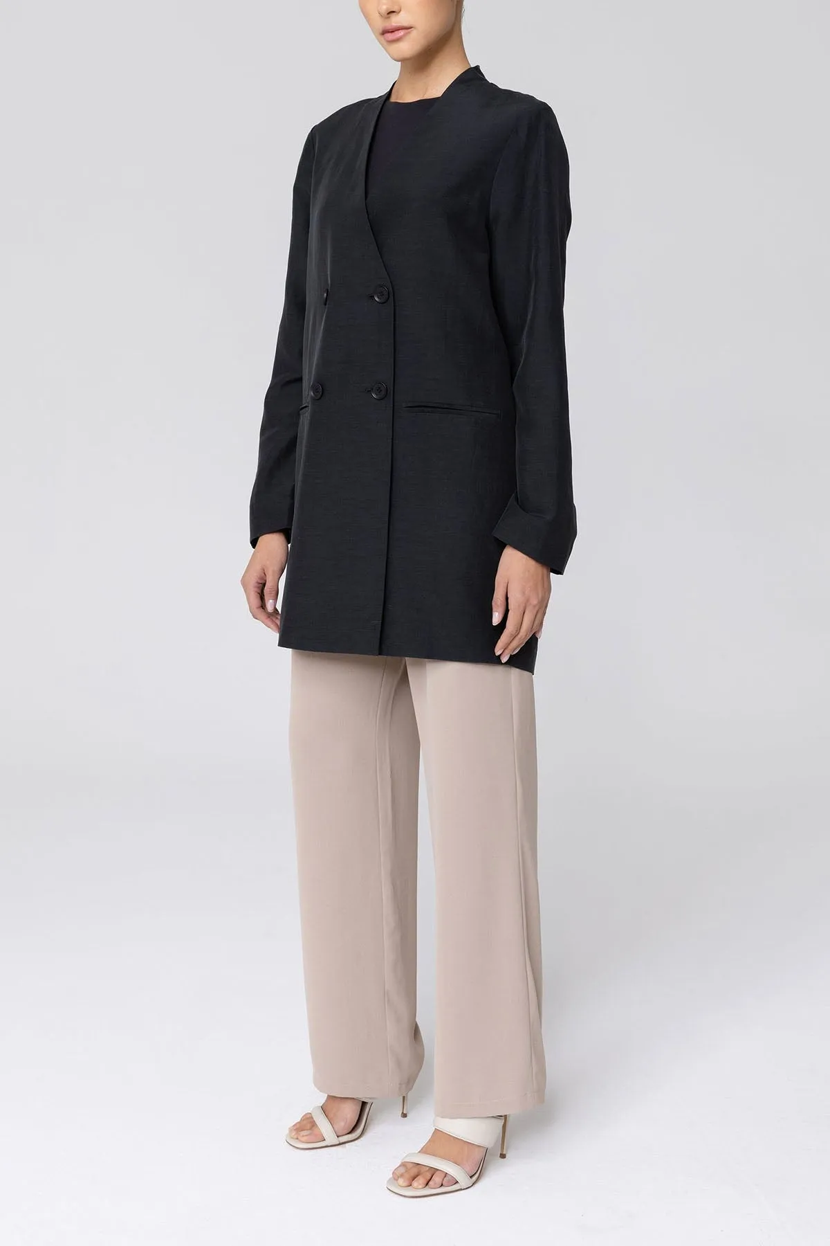Longline Cupro Linen Oversized Blazer - Black