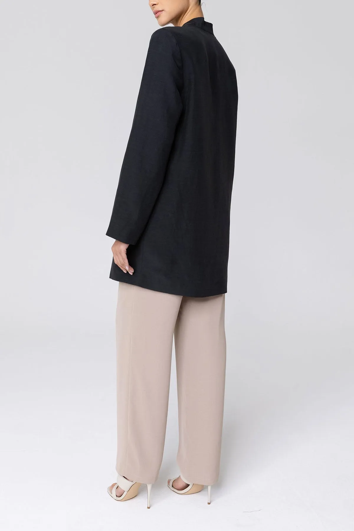 Longline Cupro Linen Oversized Blazer - Black