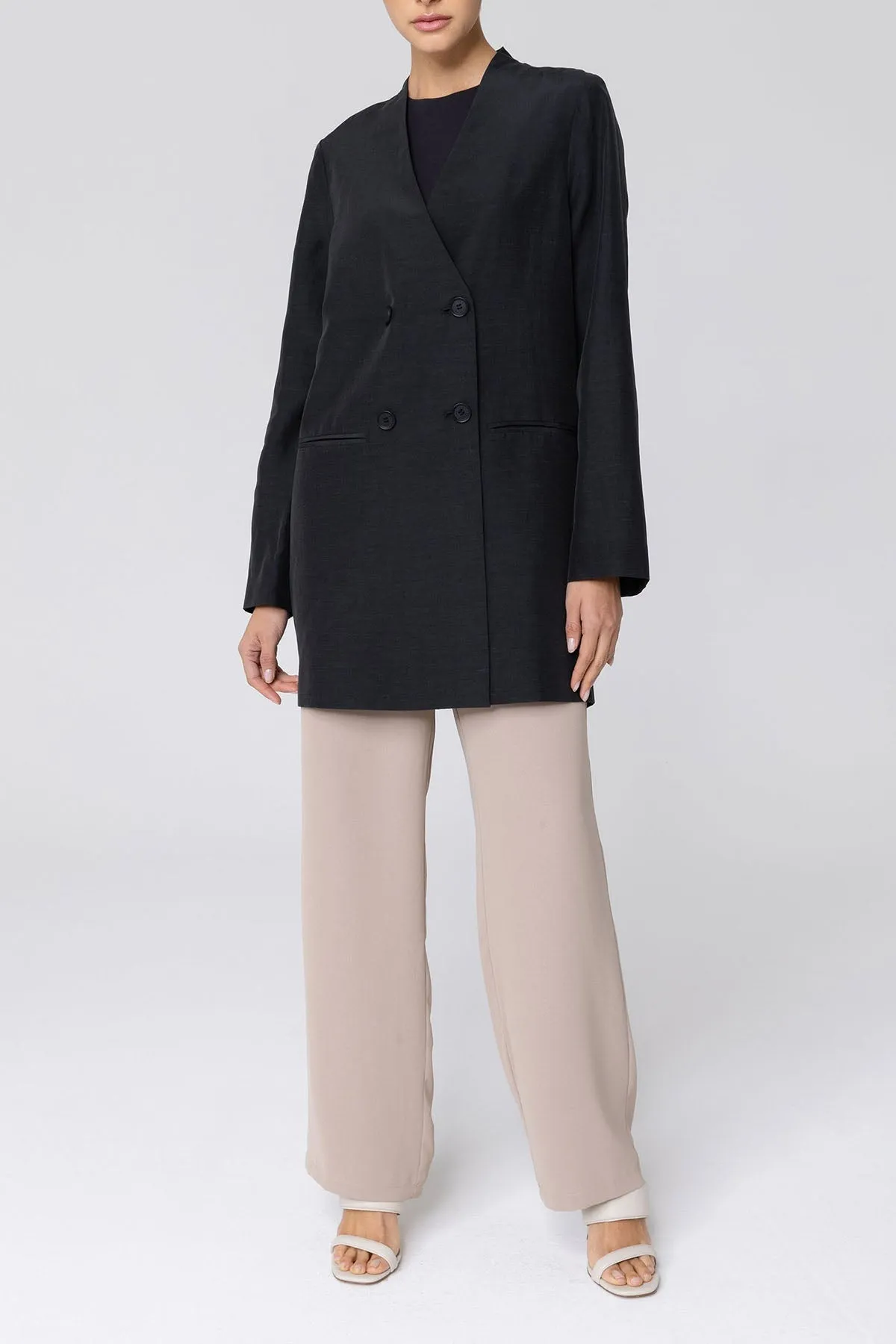 Longline Cupro Linen Oversized Blazer - Black
