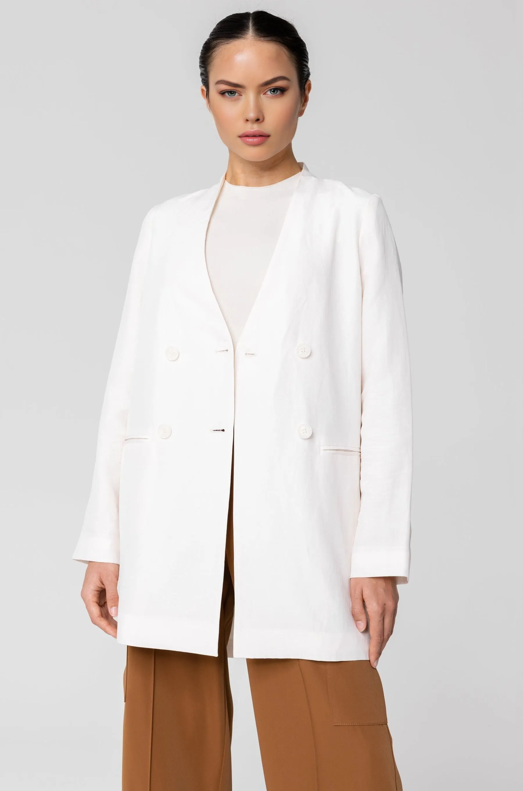 Longline Cupro Linen Oversized Blazer - Off White