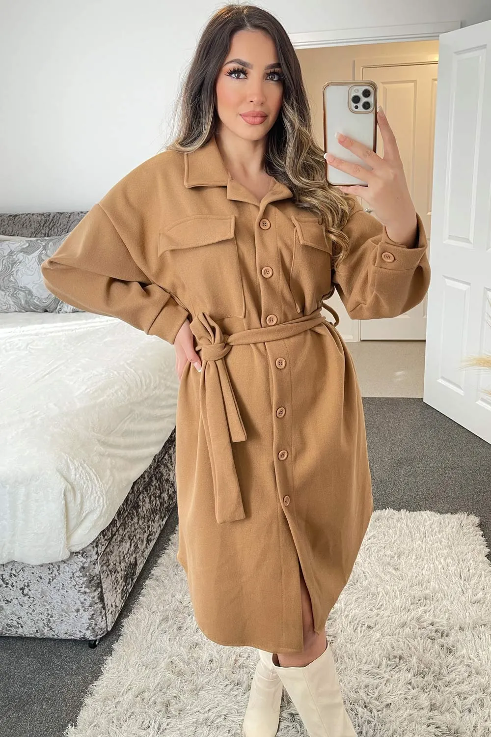 Melonie Camel Oversized Longline Belted Shacket