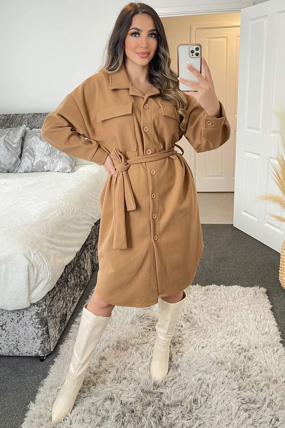 Melonie Camel Oversized Longline Belted Shacket