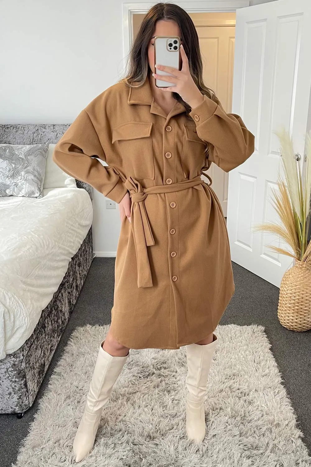 Melonie Camel Oversized Longline Belted Shacket